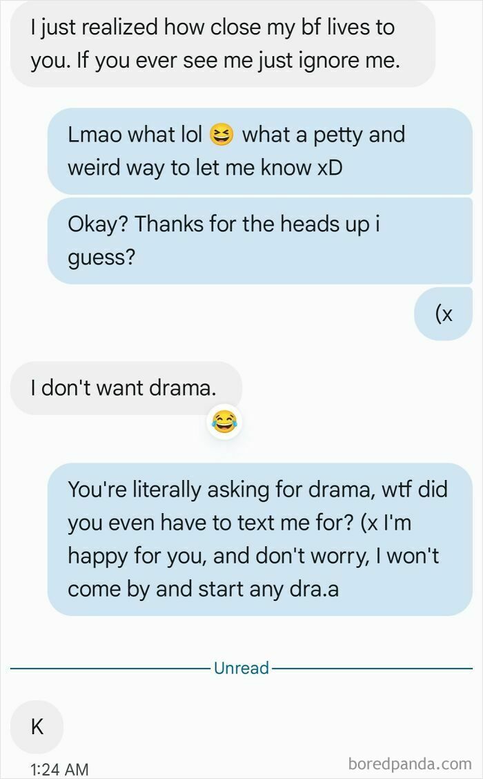 Text exchange between two delulu women discussing avoiding drama involving a boyfriend.