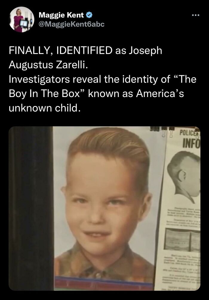 Tweet revealing identity of "The Boy In The Box," a notable true crime story, as Joseph Augustus Zarelli.