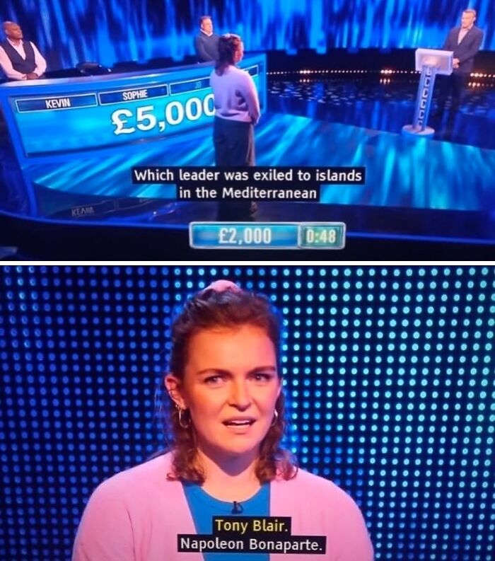 Game show contestant answers Mediterranean exile question, comedic mistake, British humor element.