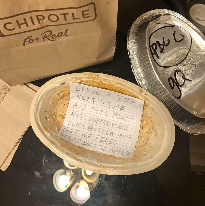 Chipotle bowl with a handwritten note, showcasing people being complete jerks through passive-aggressive message.