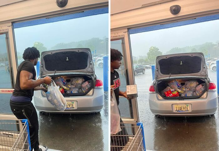 People acting inconsiderately by blocking store entrance with a car trunk full of groceries.