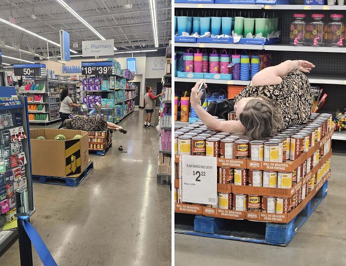 Shopper lying on a pallet of canned goods, taking a selfie in a store, illustrating people being complete jerks.