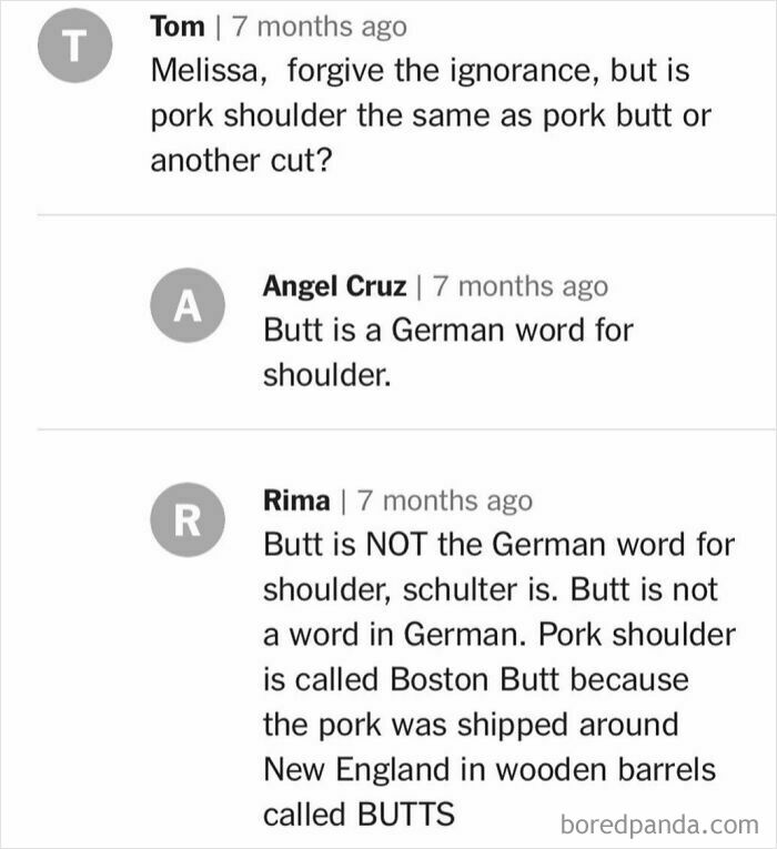 Comments discussing the difference between pork butt and pork shoulder, with humorous corrections.