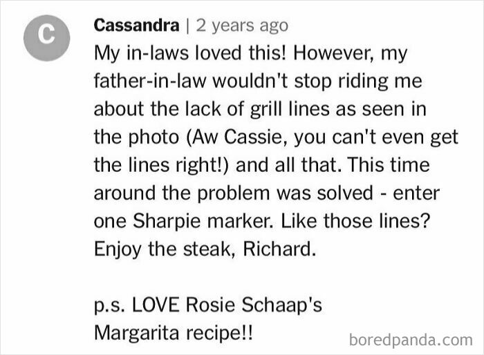 Humorous cooking comment about using a Sharpie for grill lines; mentions Rosie Schaap's Margarita recipe.