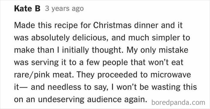 Text comment about a cooking mistake involving serving rare meat to guests who microwaved it, highlighting recipe experience.