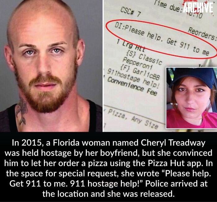 Man and woman involved in a true crime story; note details a plea for help via a pizza order app in 2015.