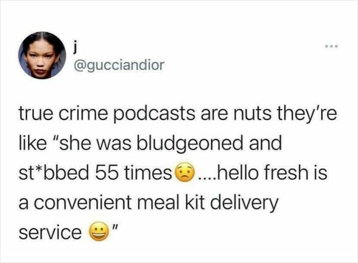 True crime podcasts compared humorously to meal kit ads in a social media post.