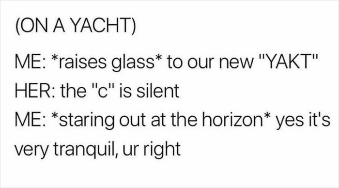 Text meme with a humorous yacht conversation, involving a play on the word "YAKT."