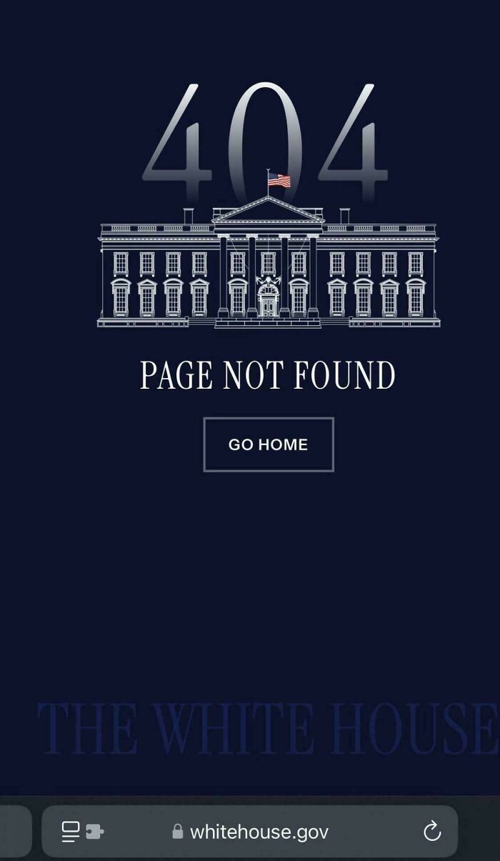 “404 error on whitehouse.gov suggests boring dystopia with iconic White House illustration and text 'Page Not Found'.”