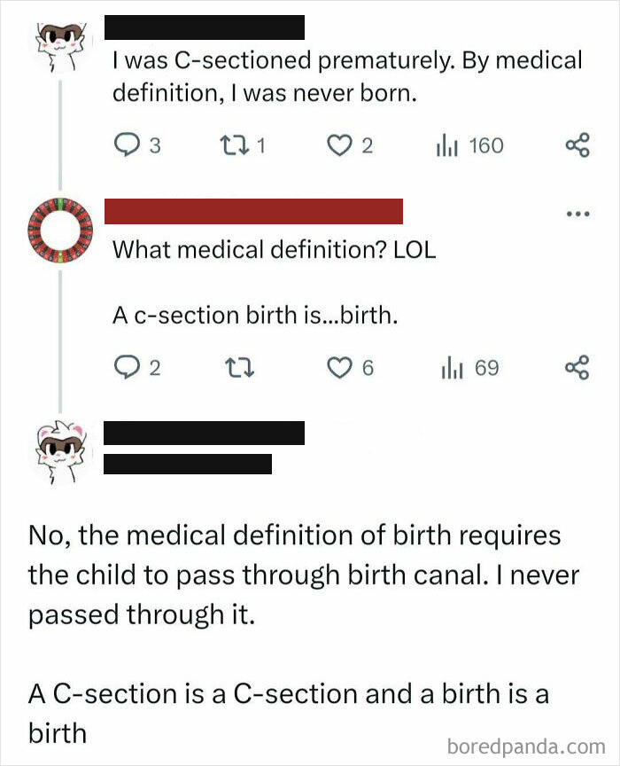 Confused social media exchange about C-section versus birth.