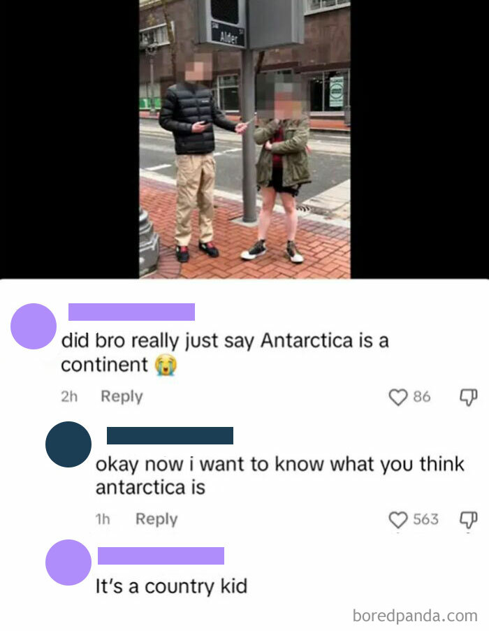 Two people standing by a street sign with comments below discussing Antarctica, related to dumbest posts.