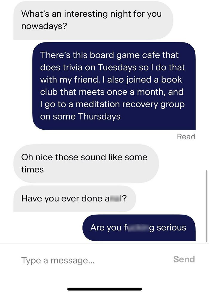 Chaotic dating app messages exchange with unexpected question and shocked response.