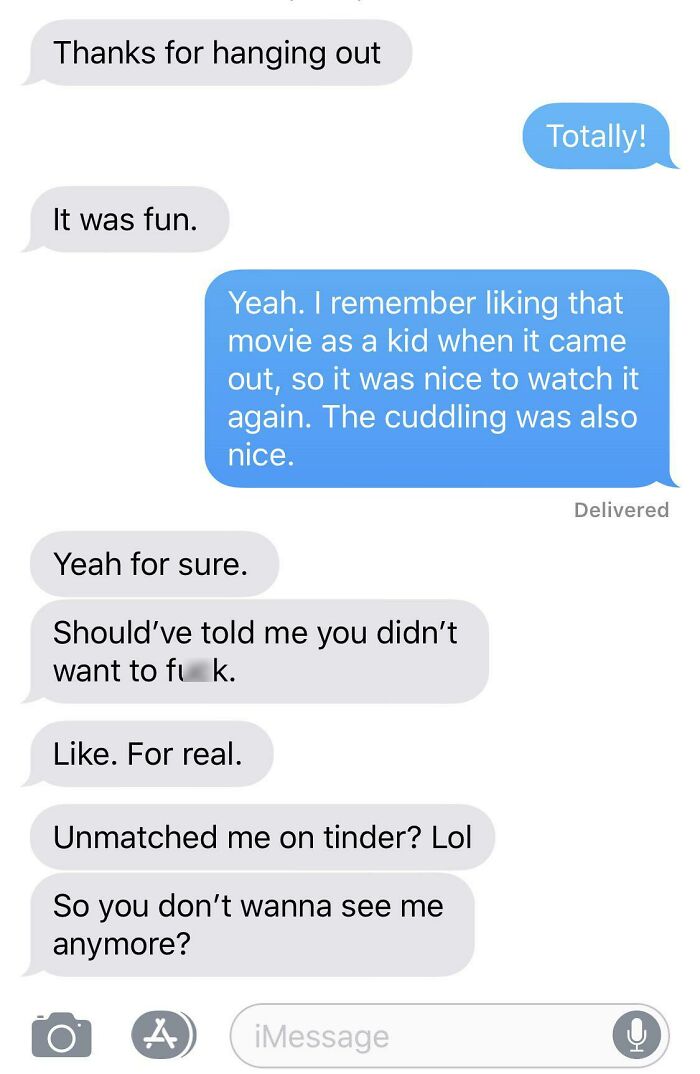 Chat exchange from dating apps showing chaotic conversation about a movie night and unexpected reactions.