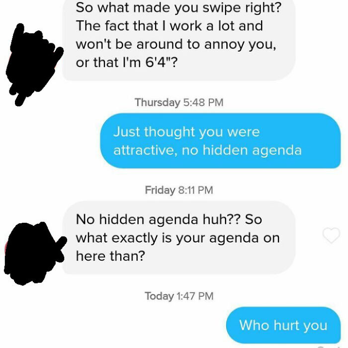 Chaotic dating app message conversation about agenda and attraction.