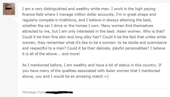 Online dating profile message showcasing unhinged and chaotic behavior with a focus on personal wealth and preferences.