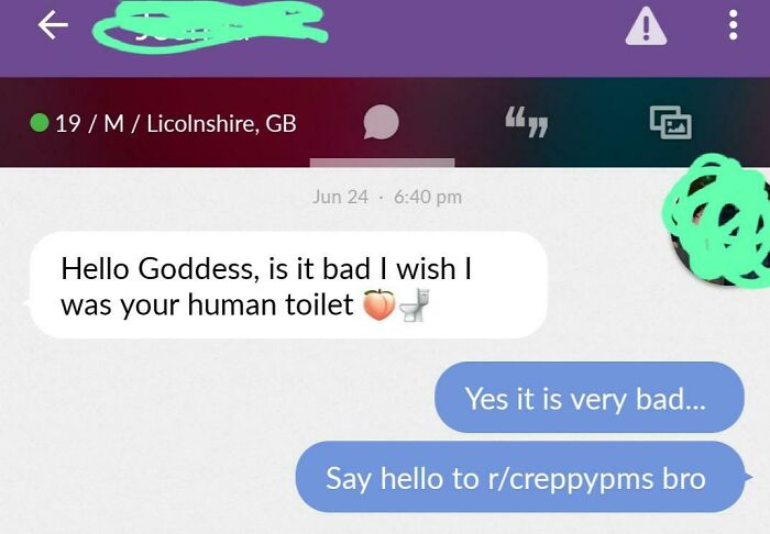 Unhinged dating app message with chaotic toilet emoji request and a response pointing to a subreddit.