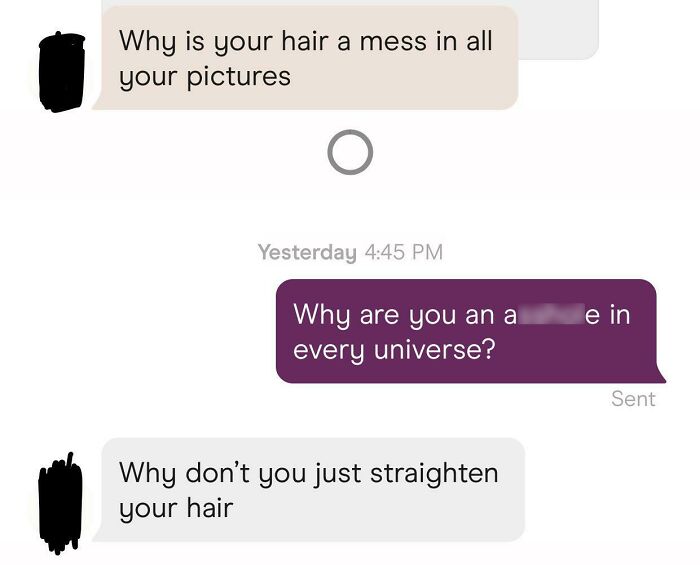 Unhinged messages from a dating app conversation about hair appearance.