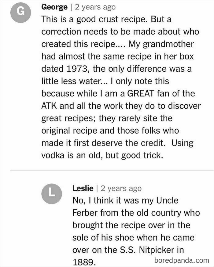 Comments on a crust recipe highlighting its history and originality, featuring unique ingredient tips and family stories.