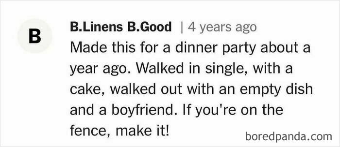 Comment on unhinged cooking experience, turning single entry into a successful exit with a boyfriend after serving a dish.