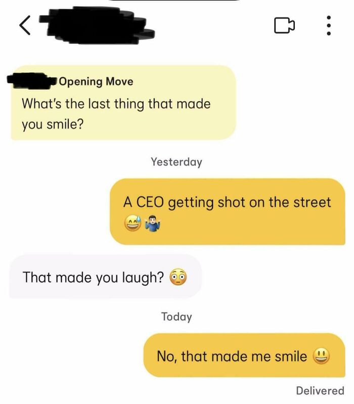 Unhinged dating app conversation with chaotic responses about a CEO incident.