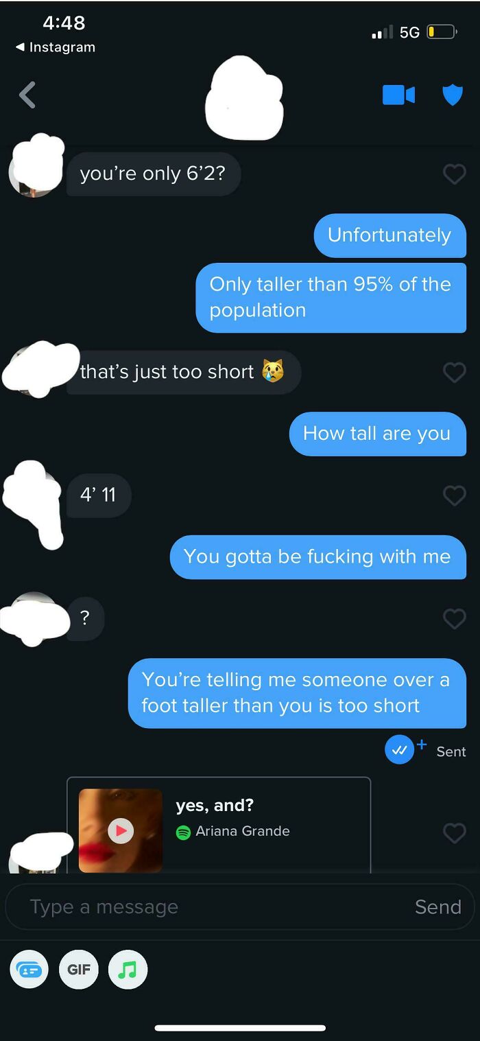 Chaotic dating app messages discussing height with humorous banter and an Ariana Grande song suggestion.