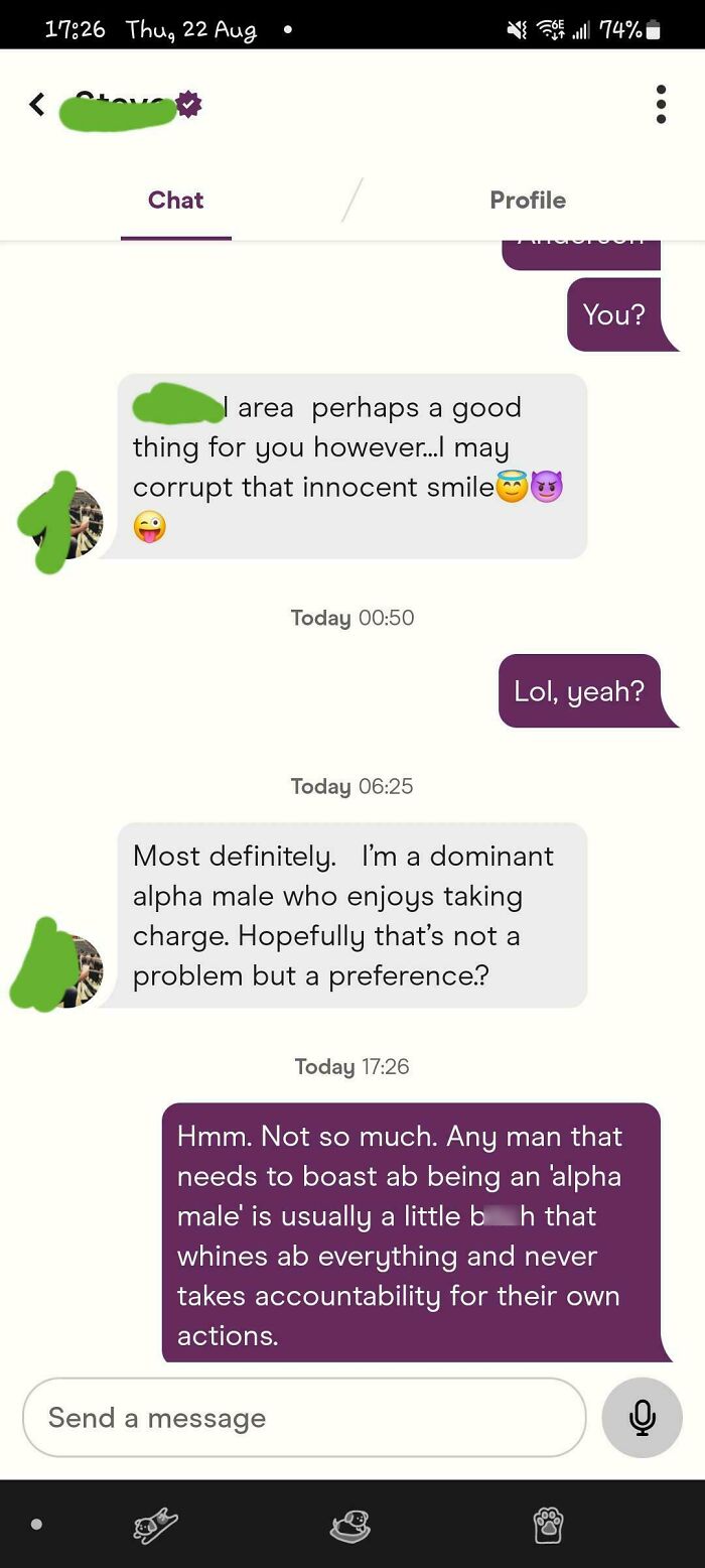 Chaotic dating app conversation featuring a self-proclaimed alpha male and a skeptical response.