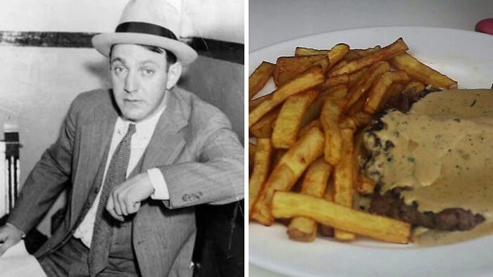 A historical figure in a suit and hat next to a plate of fries with steak; true crime stories and curiosities theme.