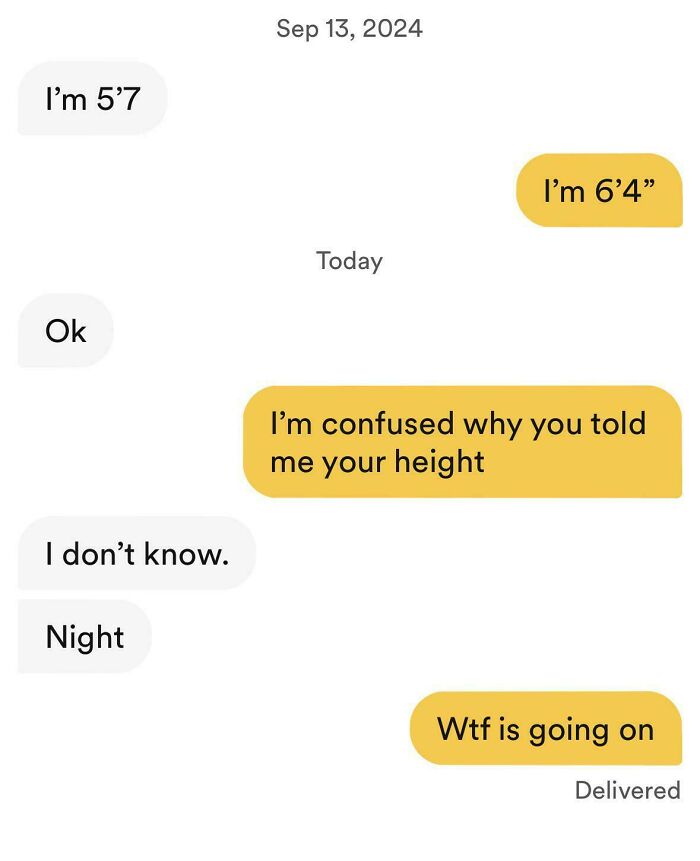 Chaotic dating app message exchange discussing random heights.