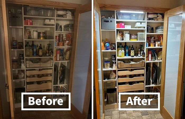 Pantry shelves before and after renter-friendly upgrades, showing improved organization and additional storage baskets.