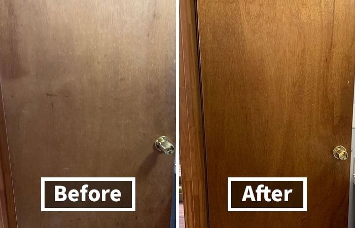 Before and after comparison of a door transformation, showcasing renter friendly upgrades for a polished wood finish.