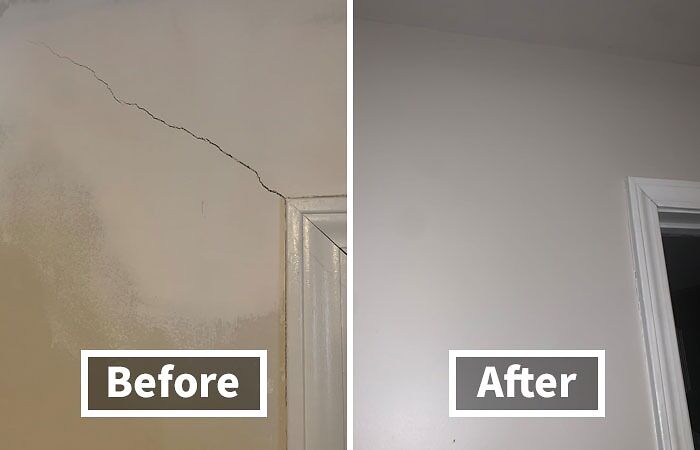 Before and after photo showing a repaired wall crack, an example of renter friendly upgrades to improve apartment aesthetics.