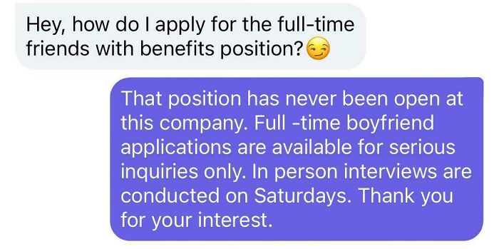 Chaotic dating app message exchange about a "friends with benefits" application and a witty reply about boyfriend positions.