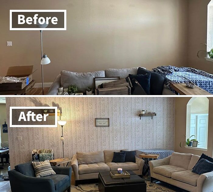 Living room before and after renter friendly upgrades with new wallpaper and decor.