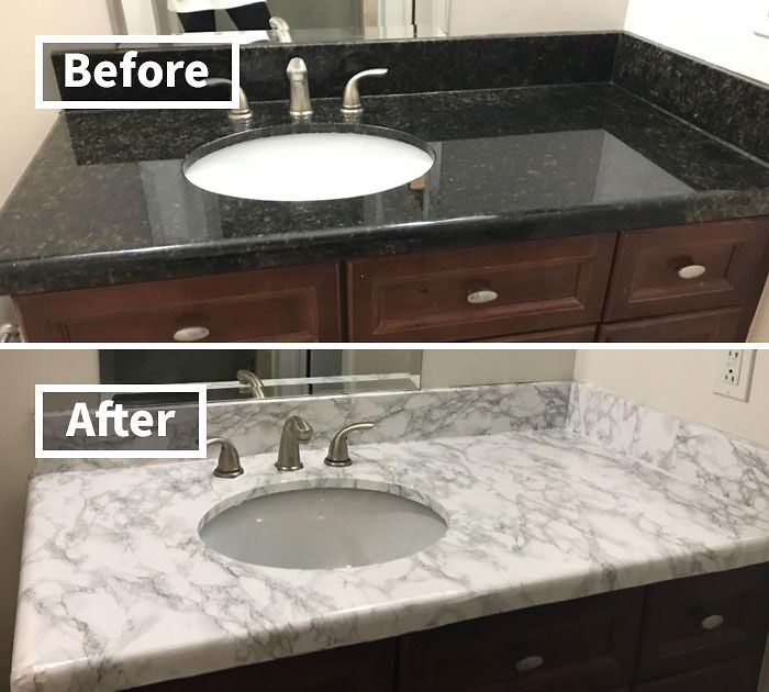 Bathroom countertop transformation with renter friendly upgrades; before with dark granite, after with white marble pattern.