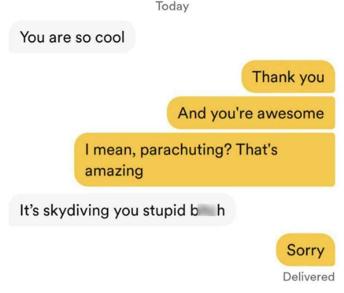 Unhinged dating app conversation about parachuting and skydiving, ending with an apology.