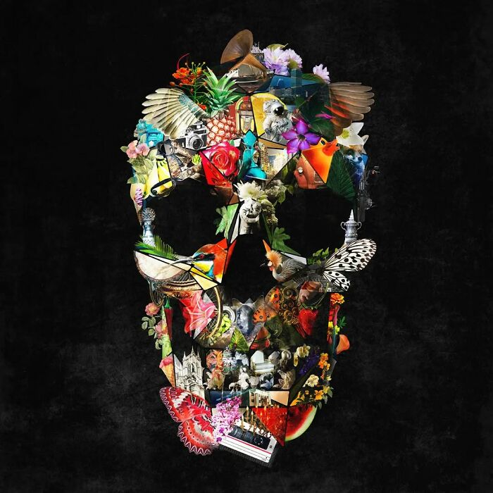 Colorful skull artwork using digital and traditional photo collage, painting, and photography techniques.