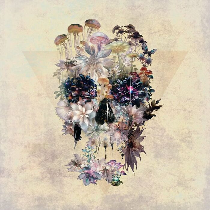 Digital and traditional collage of flowers and mushrooms forming a skull artwork.