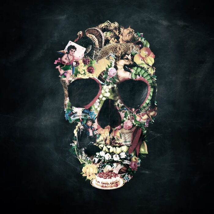 Skull artwork made with digital and traditional photo collage, combining various colorful images on a dark background.