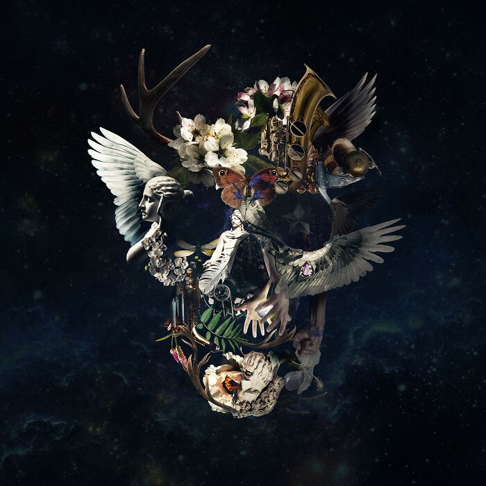 Skull artwork created using digital collage, featuring flowers, wings, and musical elements on a dark background.