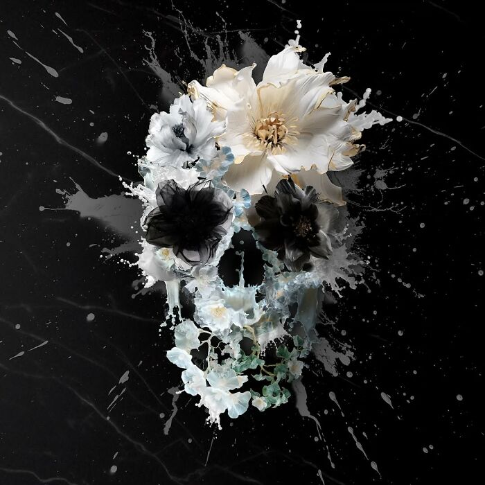 Skull artwork featuring digital and traditional photo collage with flowers on a dark background.