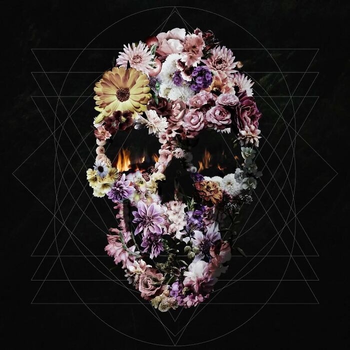 Floral skull artwork combining digital collage, painting, and photography techniques.