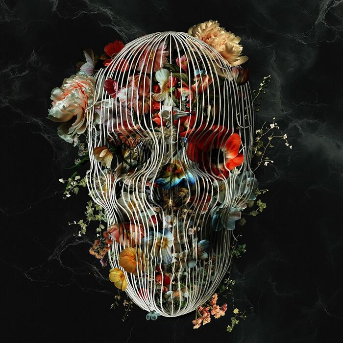 Skull artwork with flowers, created using digital collage, photography, and traditional painting techniques.