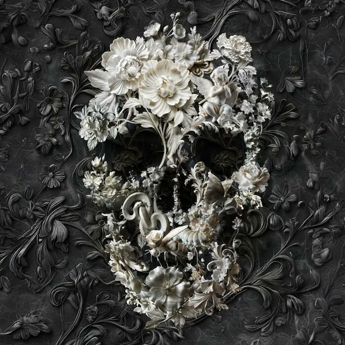 Skull artwork created with flowers, showcasing a blend of digital and traditional collage techniques.