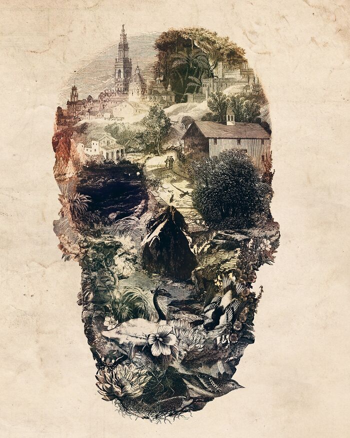 Skull artwork collage blending nature and architecture using digital and traditional photo techniques.