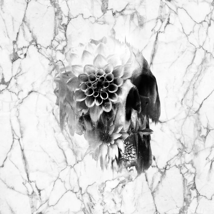 Skull artwork with floral elements on a marble-like background, using digital and traditional collage techniques.