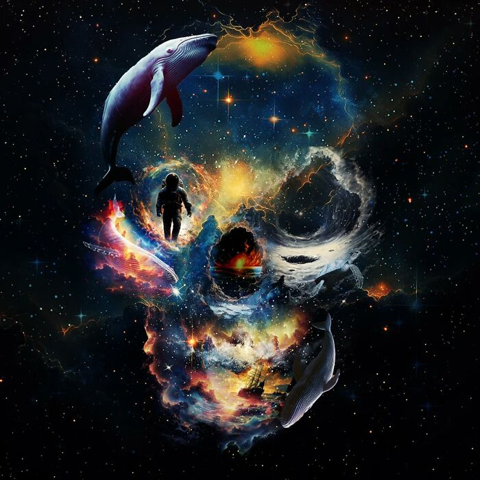 Digital skull artwork incorporating collage, painting, and photography with space theme elements like whales and an astronaut.