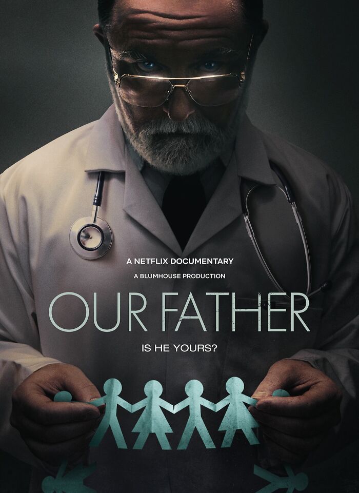 Doctor holding paper figures in a promotional poster for a true crime documentary titled "Our Father."