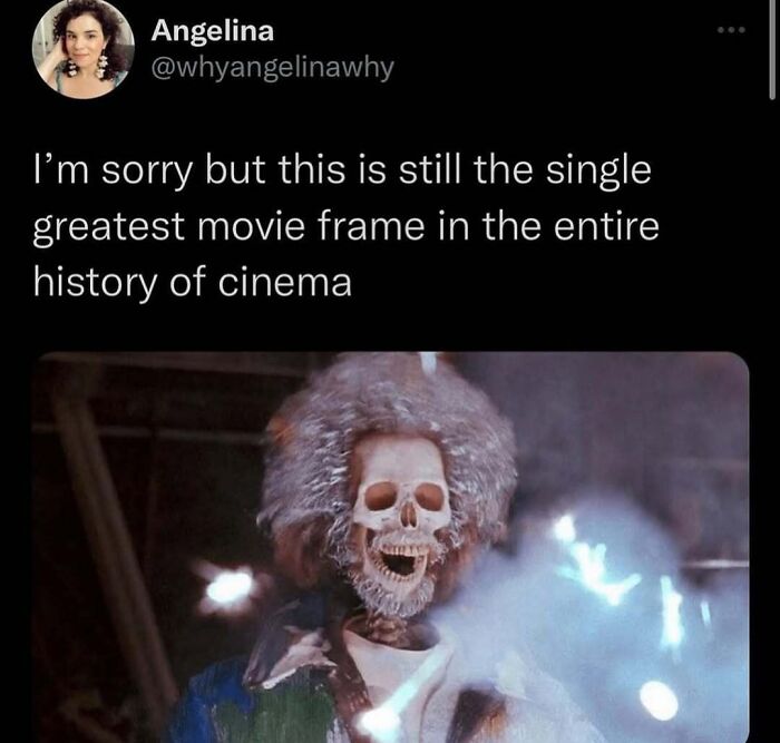 Nostalgic meme featuring a skeleton character framed as the greatest movie scene ever.