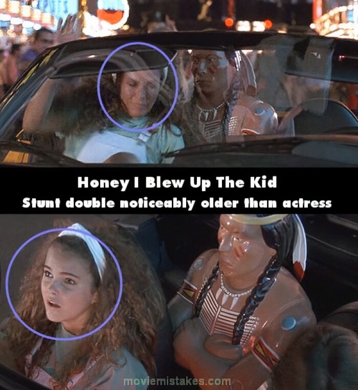 Stunt double in "Honey, I Blew Up the Kid" noticeably older, illustrating funny movie mistakes.