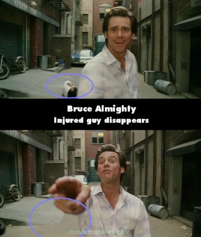 Scene from Bruce Almighty highlighting funny movie mistakes with character continuity errors.